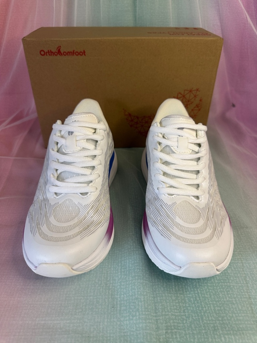 OrthoComfort Women's White Sneakers with Subtle Pink & Blue Accents